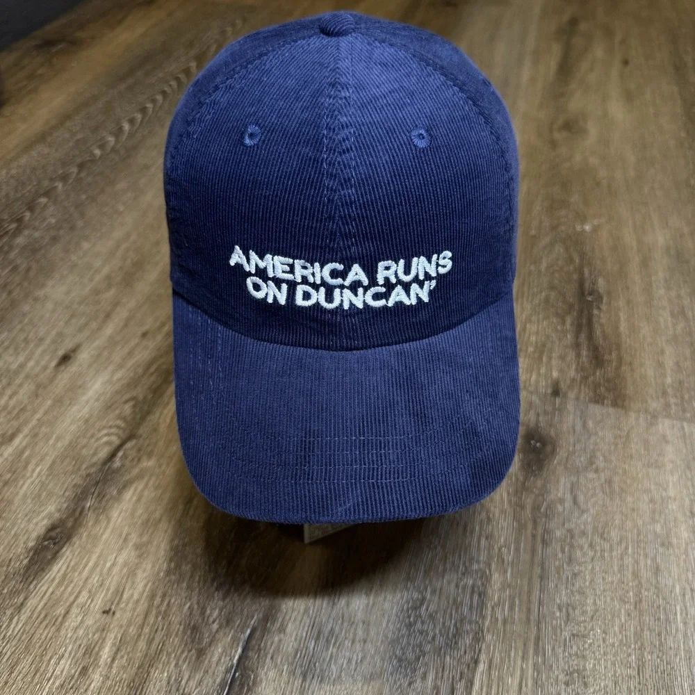 America Runs on Duncan‎ Dunkin Hat Navy Blue Corduroy Name Parody Slogan Comedy